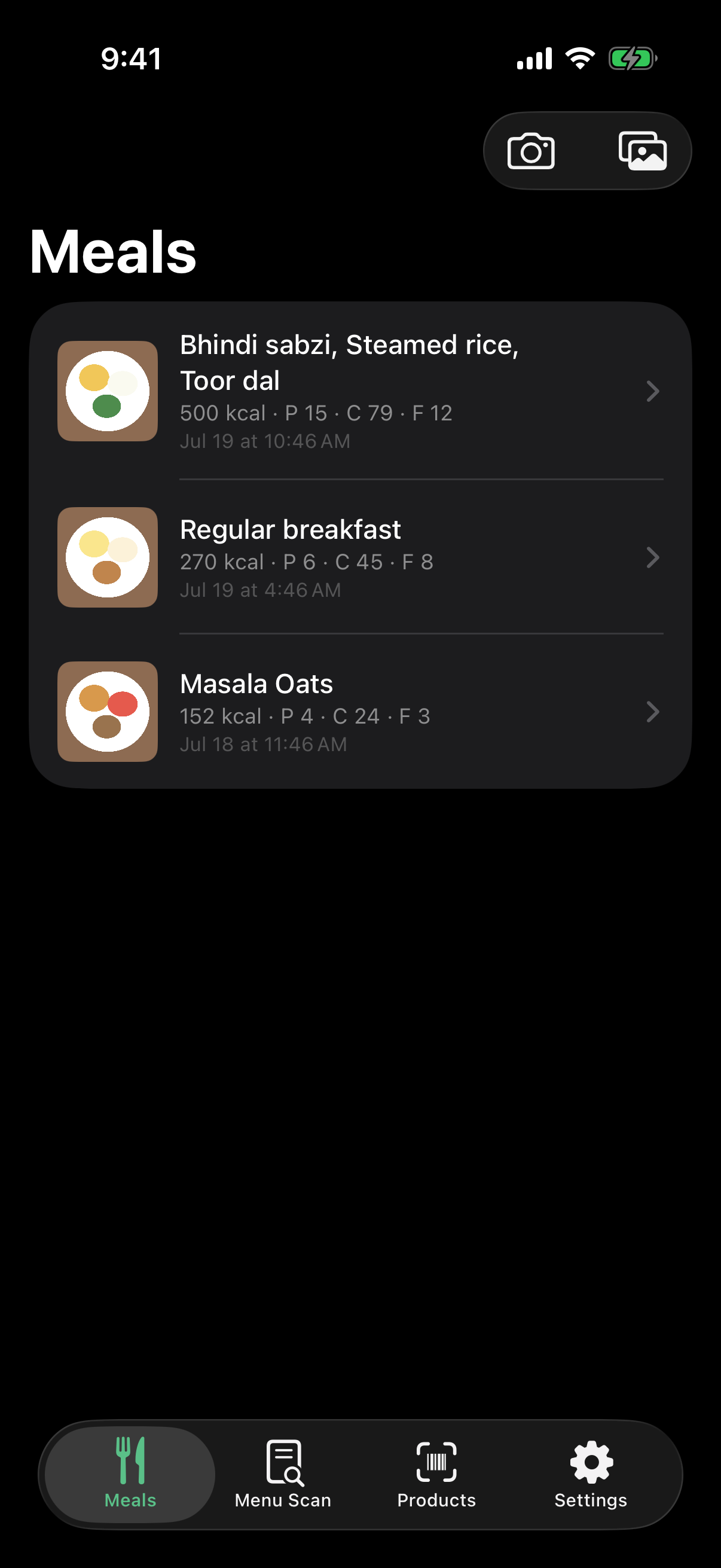 Screenshot of the Friendly Neighborhood Food Watch app showing a list of logged meals with calories and macros